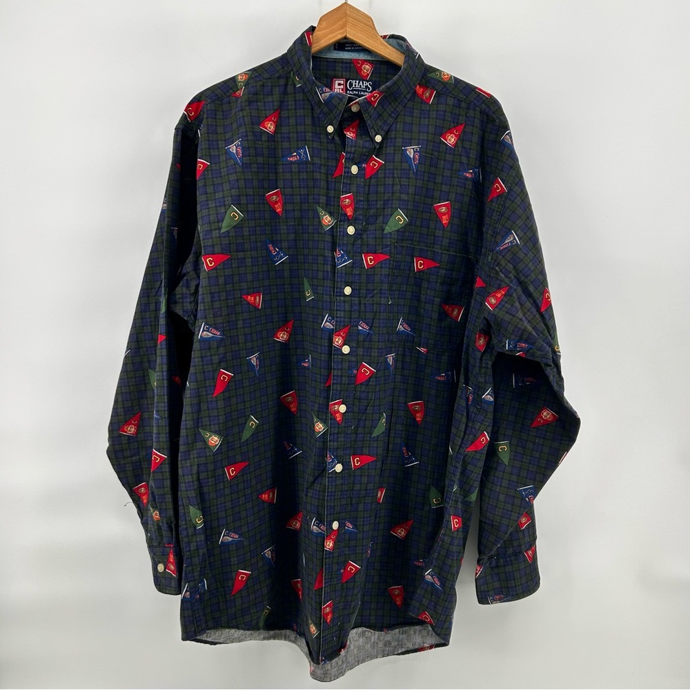 Chaps Ralph Lauren Shirt XL Tall Plaid Sport Flag‎ Pennant Print Preppy Vtg